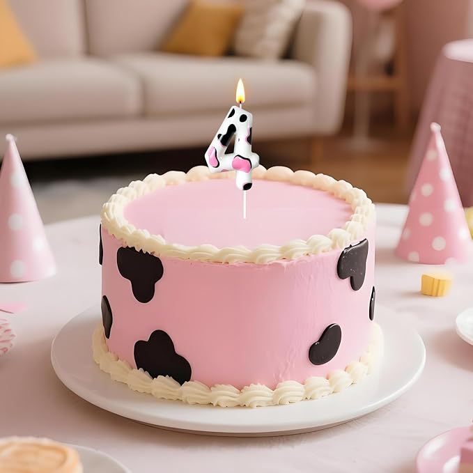 Number 4 Birthday Candle for Cake – Cow Print Design in White Black Pink – Farm Theme & Cowgirl Party Cake Topper Decoration