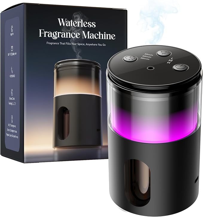 Battery Operated Waterless Diffuser – Portable Scent Machine for Car, Office & Bedroom, Ultrasonic Aroma Mist with 9 Color LED Light, Mini Essential Oil Diffuser Obsidian Black