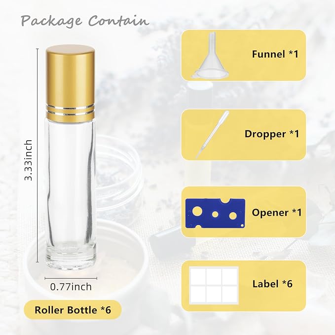 10ML Essential Oil Roller Bottles, 6 Pack Clear Oil Roller Bottles for Essential Oils, Roll on Bottle with Stainless Steel Balls(6 Labels, Opener, Funnel, Dropper Included)