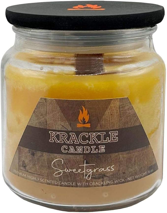 Krackle Candle | Sweetgrass | 16 oz Scented Candle with Natural Crackling Wooden Wick | Poured in the USA | Vanilla & Sugarcane Fragrance
