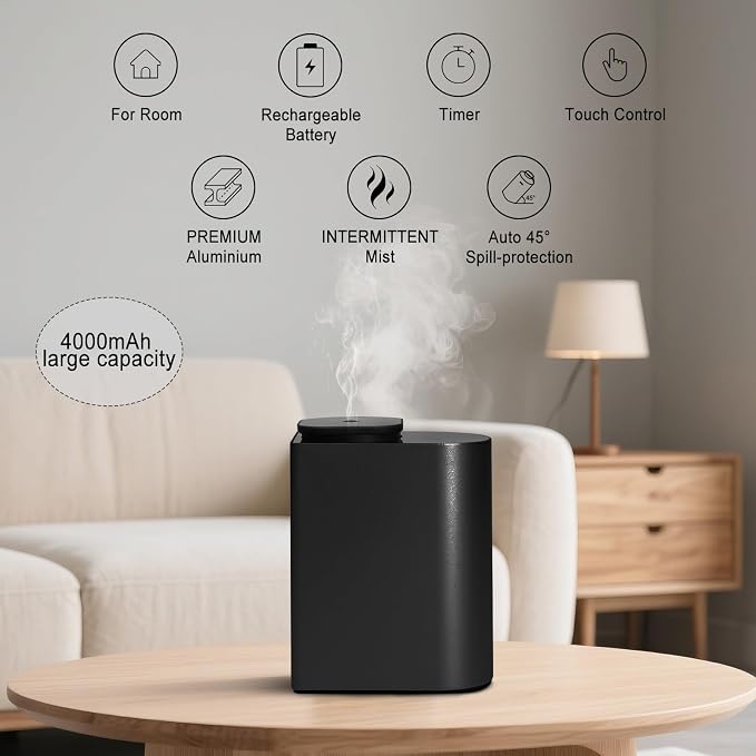 Waterless Essential Oil Diffuser with 8 Color LED Night Light, 3 Mist Levels & Timers, Portable Rechargeable Aromatherapy Diffuser for Home Car Room Studio Office, Metal (Black-100)