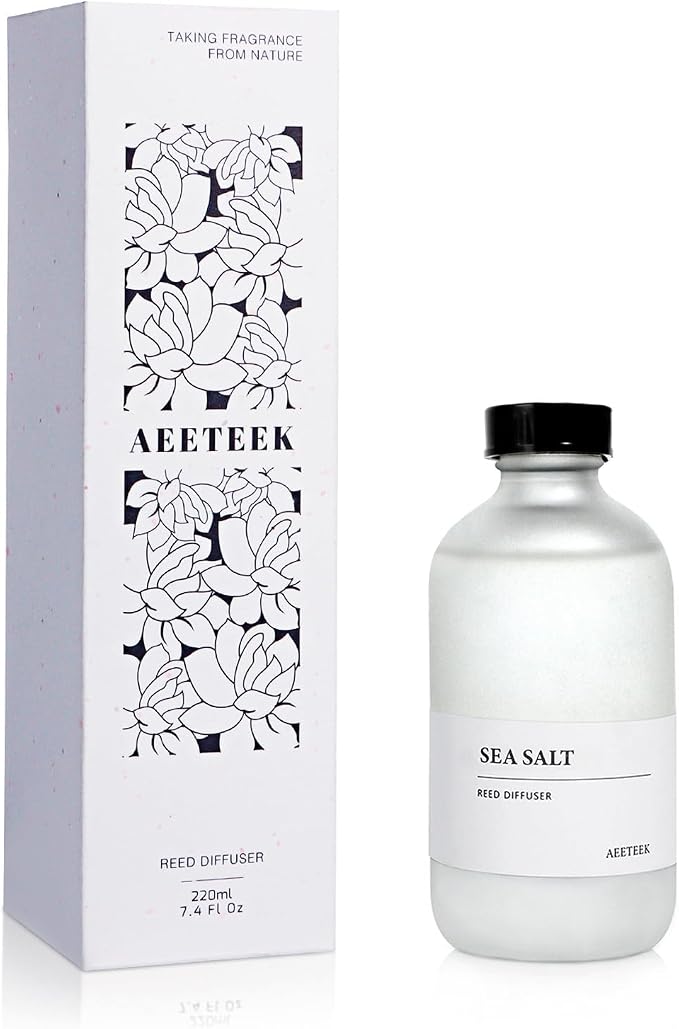 Sea Salt Reed Diffuser, 7.4oz(220ml) Sea Salt Musk and Grass Essential Oils, Bathroom Air Freshener with Willow Branches Decor, Long Lasting Fragrance for Home (1-Pack)