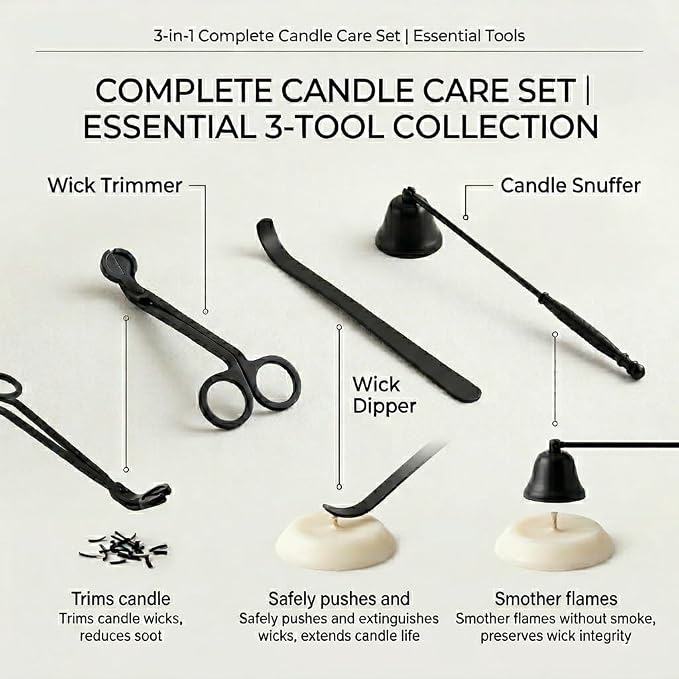 5 Piece Candle Accessory Set - Wick Trimmer, Snuffer, Dipper, Lighter, Candle Holder - Stainless Steel