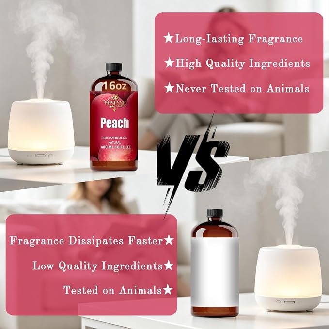 Peach Essential Oil, Peach Oil 16 Fl Oz 480ml for Diffuser Yoga Soap & Candle Making – with 0.33 Oz Roller Ball & Funnel YHSESSE Essential Oils