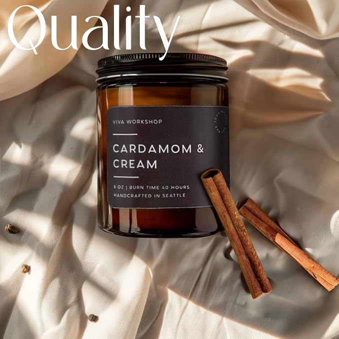 Cardamom & Cream Natural Soy Wax Scented Candle – Crafted in USA, Seattle – Gift for Birthday, Meditation, Home, Spa – Aroma Candle for Relaxing – Aromatherapy Scented Candles for Women & Men