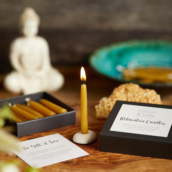 Relaxation Candles by Cotton & Grey – 12 Pure Beeswax Twenty Minute Candles with Ceramic Holder for Meditation, Mindfulness, Relaxation and Well-Being
