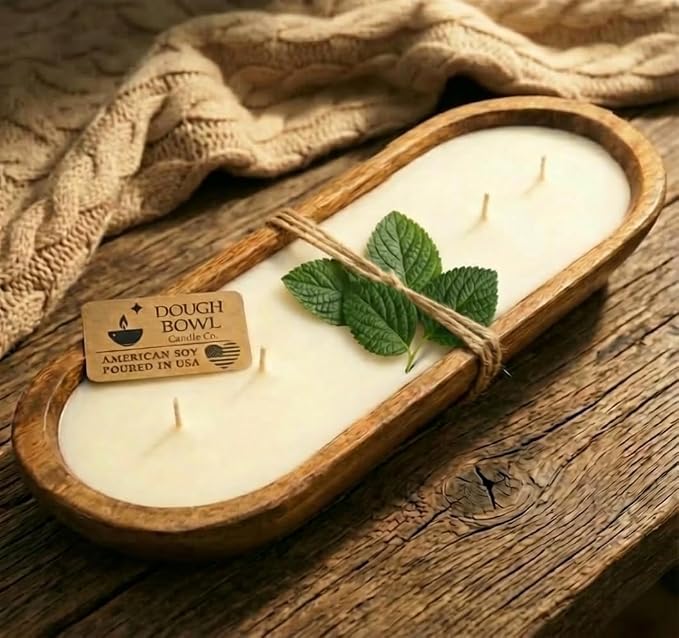 Dough Bowl Candle Co. Palo Santo Candle - Scented Candles for Home for Meditation for Men and Women, 100% Soy Wax Decor with 70H Burn Time, 17x5 Large 6 Wick Luxury Aromatherapy Gifts in Wood Bowl