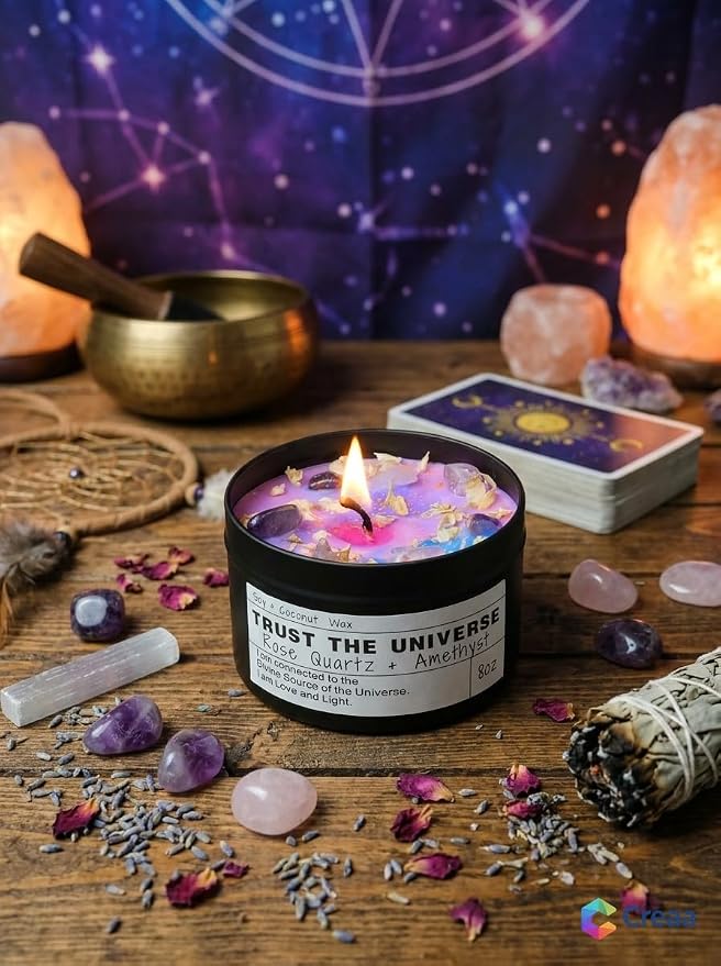 Trust the Universe Candle - Anxiety Relief, Self Care Gift, Meditation, Spiritual Gift, Crystal Candle, Opium Scent (8oz)