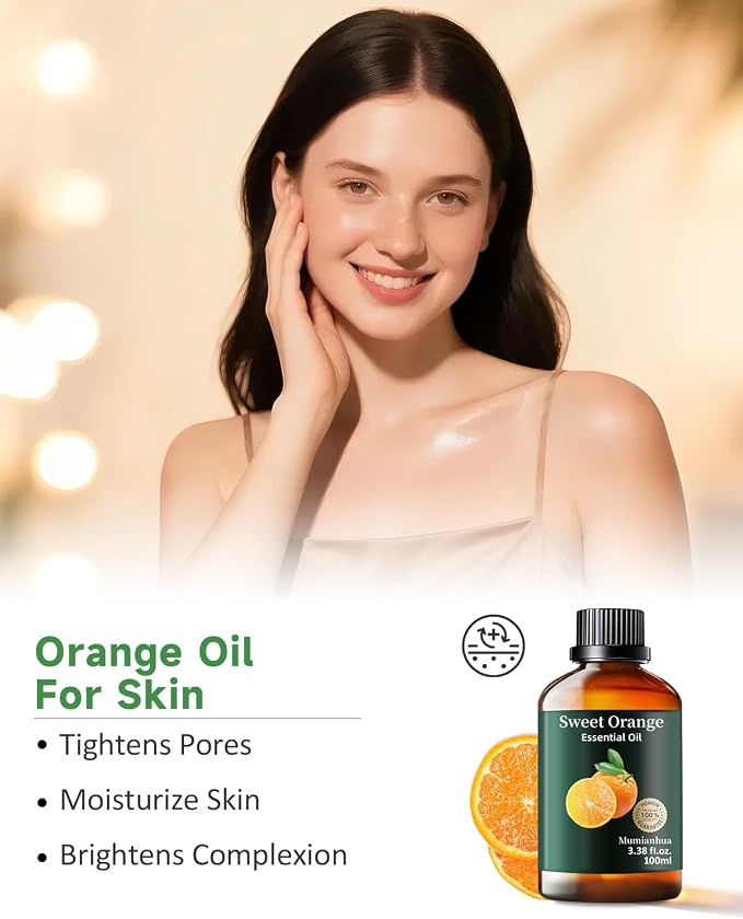 Orange Essential Oil, Pure Sweet Orange Oil Mumianhua Cold‑Pressed for Uplifting Atmosphere & Natural Cleaning, Skin‑Safe for DIY Perfume, Soap, Candle Making – 3.38 Fl Oz