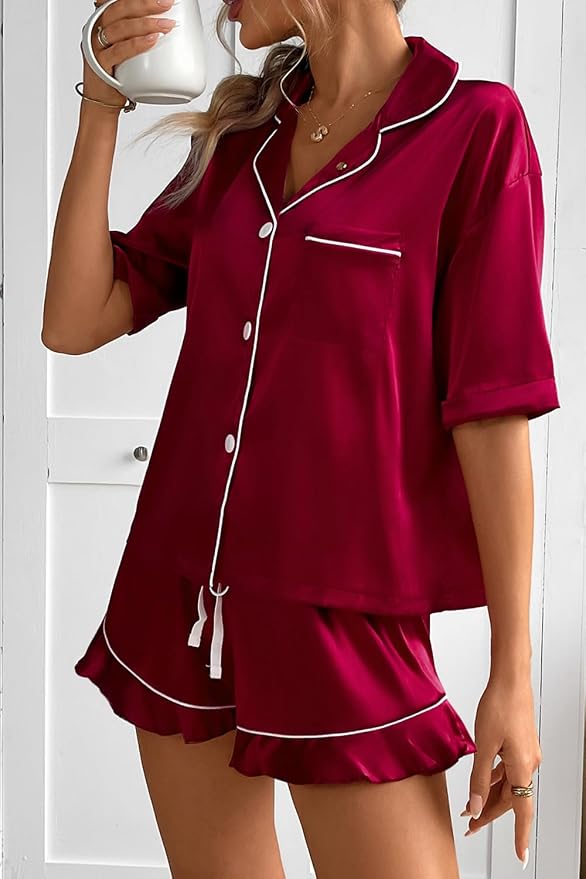 CHYRII Women's Silk Satin Pajamas Two Piece Pj Sets Short Sleeve Tops Ruffled Shorts Sleepwear with Magnetic Diffuser