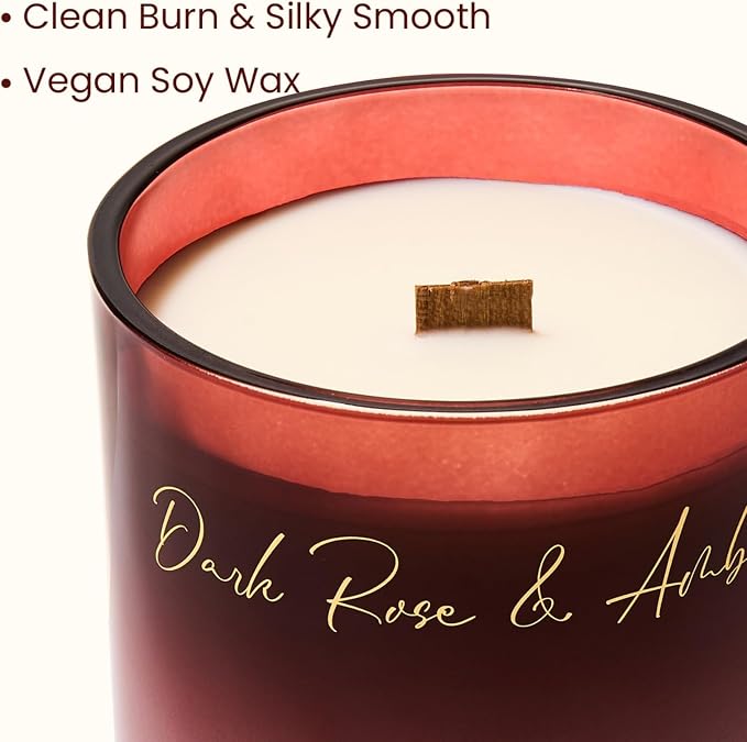 M&SENSE 16.6oz Natural Soy Large Jar Candle with Wooden Wick | Dark Rose Amber Scent | 95-Hour Burn & Long-Lasting Burn | Housewarming Gift for Men and Women