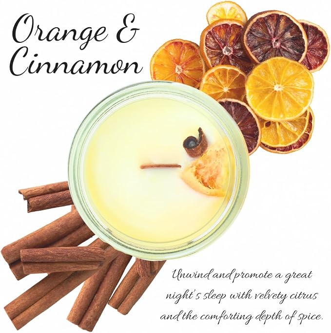 Orange & Cinnamon Essential Oil Candle 3 oz, Hand Crafted Pure Soy Wax Candle with Wooden Wick, Dried Flowers, 23 Hour Burn Time, Natural Aromatherapy Glass Jar Candle with Lid by Lathered Artisan