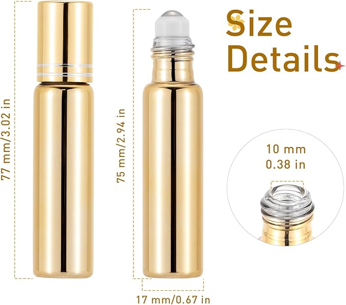 Kesell 10ml Glass Roller Bottles, 6-Pack Gold | Stainless Steel Rollerball, Perfume Vials, Empty Refillable, for Essential Oils, Aromatherapy, Travel, DIY