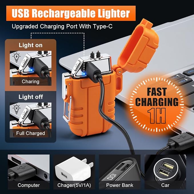 LcFun Electric Lighter USB C Rechargeable Plasma Lighter Windproof Flameless Arc Lighters, Waterproof Matches for Camping Hiking Hunting, Survival Tactical Gear Gifts for Men Fathers Husband
