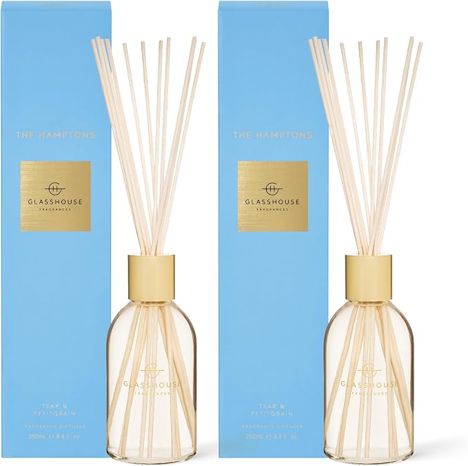 Glasshouse Fragrances The Hamptons 2 Pack Reed Diffuser, Home Fragrance & Perfume Scented Room Decor, Natural & Oil Free,Teak & Petitgrain, 2 x 8.5 Oz (250mL)
