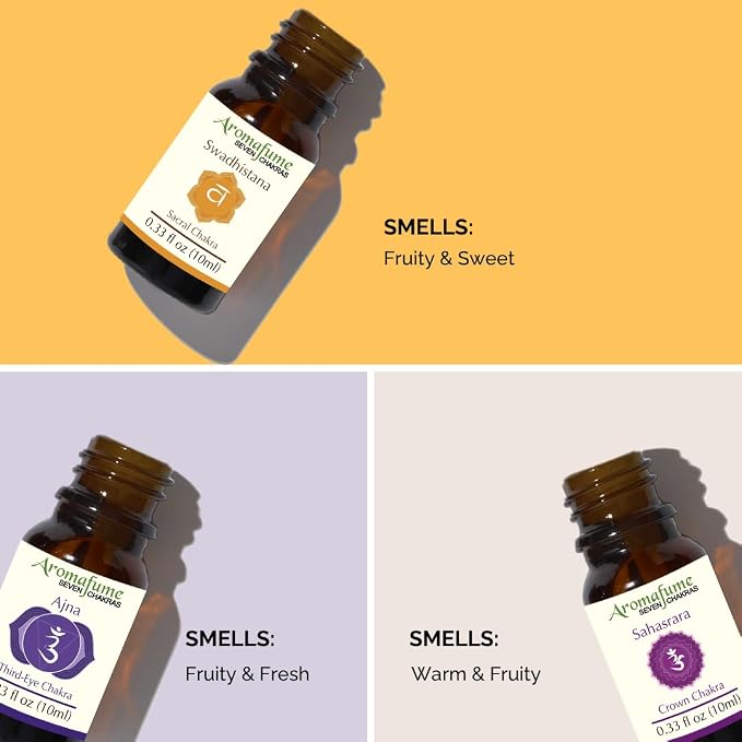Sacral Chakra, Third Eye Chakra, Crown Chakra Essential Oil Diffuser Blends by Aromafume | 3 x 10ml/0.33 fl oz| Aromatherapy Oils for Chakra Balance | Chakra Incense for Meditation, Yoga, Reiki
