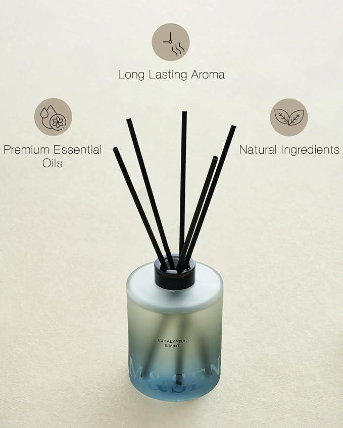 M&SENSE Eucalyptus & Mint Reed Diffuser Set - 16.9 fl oz Long-Lasting Fragrance, Non-Toxic Scent Diffuser with Natural Oil Sticks | Housewarming Diffuser Gift for Holiday, Bathroom & Home Decor