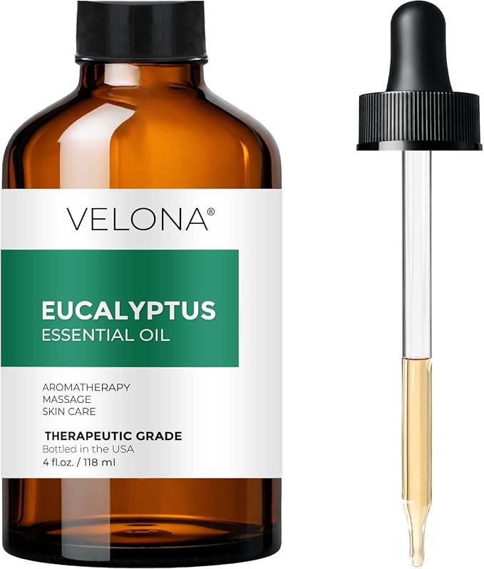 Eucalyptus Essential Oil by Velona - 4 oz | Therapeutic Grade 100% Pure and Natural | for Aromatherapy Diffuser, Massage, Skincare, Haircare, Soapmaking | Undiluted and Multipurpose in Glass Bottle