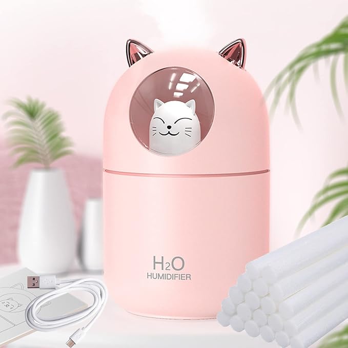 Cute Portable Pink Cool Mist Humidifier with 6 Pcs Filter Cotton Sticks, 7 Color Night Light, USB, for Bedroom, Office, Desk, Car, Travel