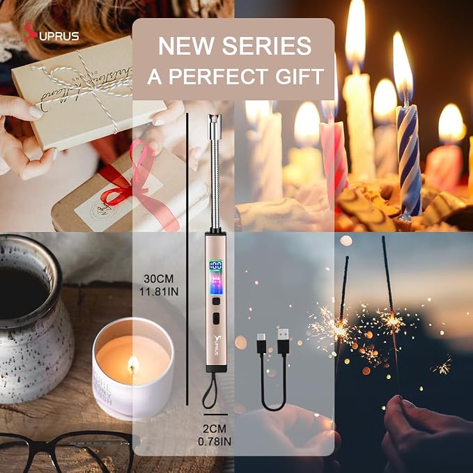 SUPRUS Electric Candle USB Type C Rechargeable 360° Flexible Neck Lighter with Upgraded LED Battery Display Safety Switch Flameless Plasma Windproof (Champagne Gold, 3Packs)