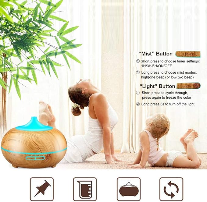 Aroma Essential Oil Diffuser, JoySusie 500ml Wood Grain Ultrasonic Cool Mist Whisper-Quiet Humidifier with Color LED Lights Changing & 4 Timer Settings, Waterless Auto Shut-Off for Spa Baby