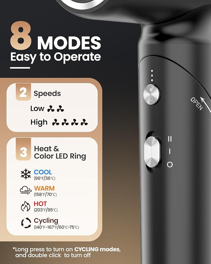 WEEYUM Travel Hair Dryer Dual Voltage for Europe Foldable, High Speed Ionic Blow Dryer Fast Drying,100-240V Portable Dryers with Magnetic Nozzles,1300W-black