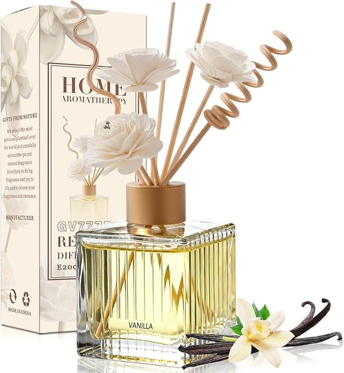 Vanilla Reed Diffuser - 6.7 oz Glass Bottle with 4 Rattan Sticks, 3 Dried Flowers | Adjustable, Long-Lasting Scent for Home, Bedroom, Living Room, Office, Bathroom | Aromatherapy Gift