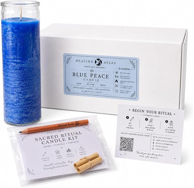 Blue Peace Manifestation Candle Kit – 8" Ritual Prayer Candle with Intention Scrolls, Pencil & QR Guide for Peace, Relaxation, Meditation & Emotional Balance