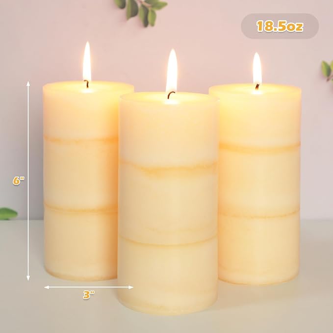 3x6 Inches Jasmine Scented Pillar Candles Ivory White Hand-Poured Long Burning Aromatherapy Candle for Home Scented Stress Relief Meditation Wedding Bar Table Centerpiece Decoration, 3 Pack