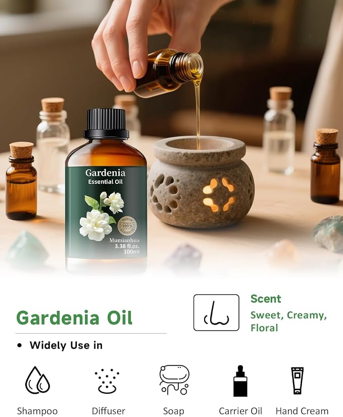 Gardenia Essential Oil, Pure Mumianhua Natural Floral Oil for Luxurious Diffuser & Evening Serenity, Romantic Aroma for Skin, Hair, DIY Perfume, Candle & Soap Making – 3.38 Fl Oz