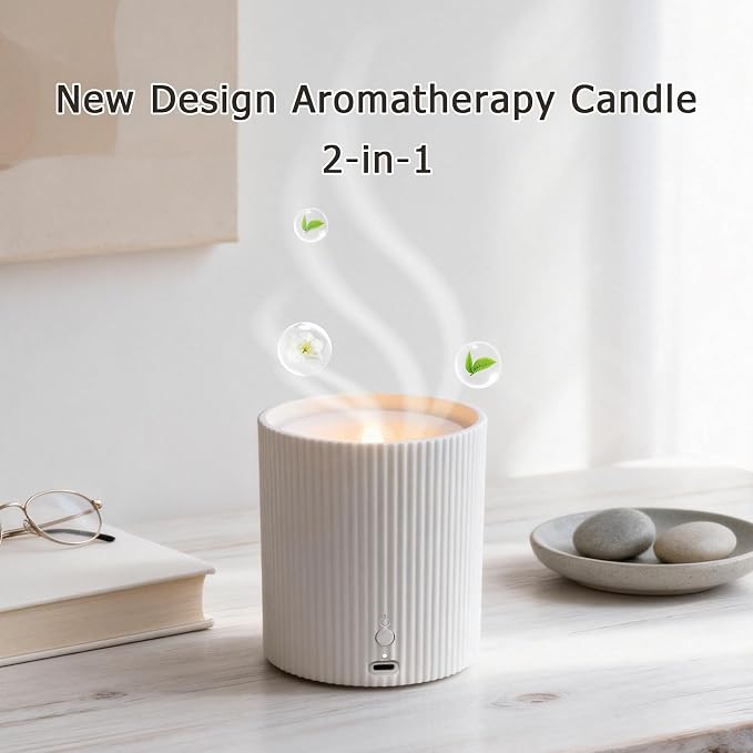 USB Line to Use 2 in 1 Waterless Essential Oil Diffuser and 3D Wick and Realistic Flame Candle,Flameless Candle Diffuser,LED Candle Waterless Diffuser 12PCS Cotton Pads(Non-Rechargeable)﻿
