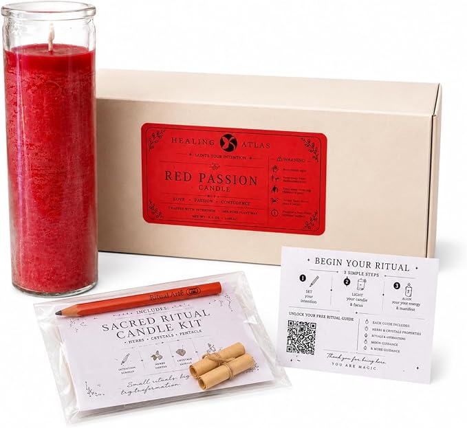 Red Passion Manifestation Candle Kit – 8" Ritual Prayer Candle with Intention Scrolls, Pencil & QR Guide for Passion, Confidence, Motivation & Strength