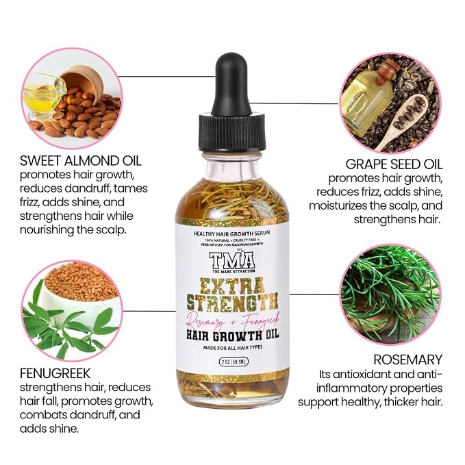 The Mane Attraction Extra-Strength Herbal Hair Growth Oil, Rosemary & Fenugreek Blend, Castor & Vitamin E Infusion, Scalp-Nourishing for All Hair Types, 2 Fl Oz