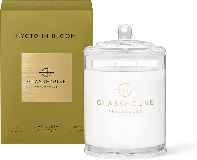 Glasshouse Fragrances Kyoto in Bloom Candle, Triple Scented Natural Soy Wax Blend, 2 Wicks & Glass Jar, 65 Hour Burn Time, Camellia & Lotus, 13.4 Oz (380g)