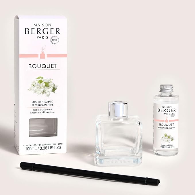 MAISON BERGER Reed Diffuser Bouquet, 100 ml, Precious Jasmine | Clear Glass Bottle, 8 Reed Sticks, 100 ml Refill, Up to 6-Week Passive Diffusion, No Flame, Made in France