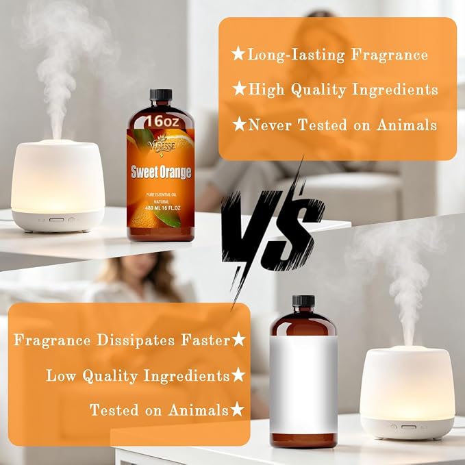 Sweet Orange Essential Oil, Sweet Orange Oil 16 Fl Oz 480ml for Diffuser Yoga Soap & Candle Making – with 0.33 Oz Roller Ball & Funnel YHSESSE Essential Oils
