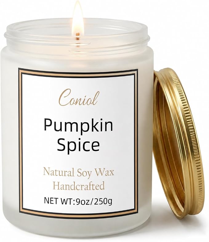 Pumpkin Spice Scented Candles for Home, Natural Soy Wax Candle with Essential Oils, 9oz Amber Jar Aromatherapy Candel, 50H Long & Non-Toxic Burning, Hand Poured, Giftable, Relaxation, Birthday