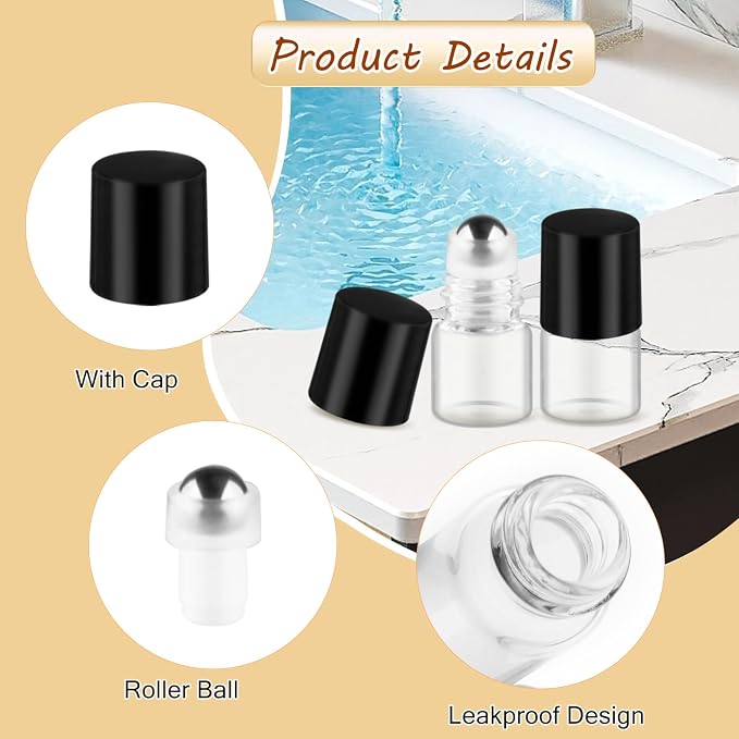Cositina 100 Pcs Essential Oils Roller Bottles Mini Refillable Glass Perfume Bottles with Roller Balls for Home Travel - 1ml