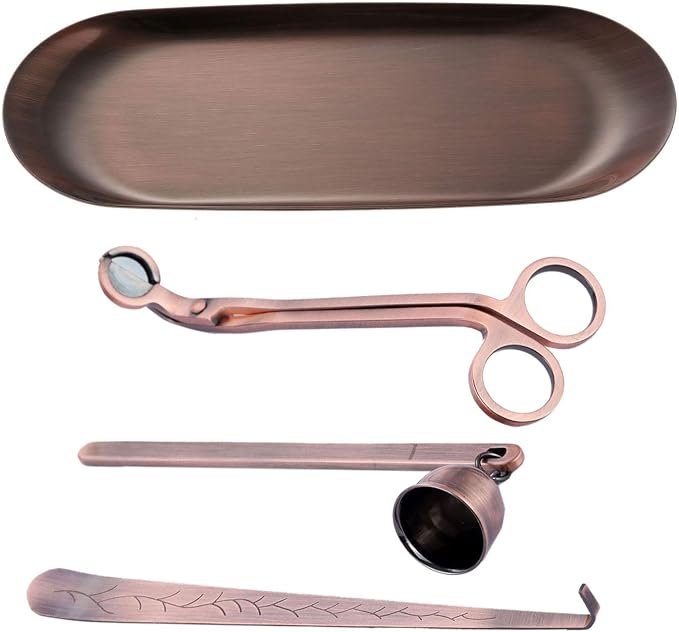 MUXSAM 4 in 1 Candle Accessory Set - Wick Trimmer, Snuffer, Dipper, Storage Tray - Gifts for Candle Lovers (Red Bronze)