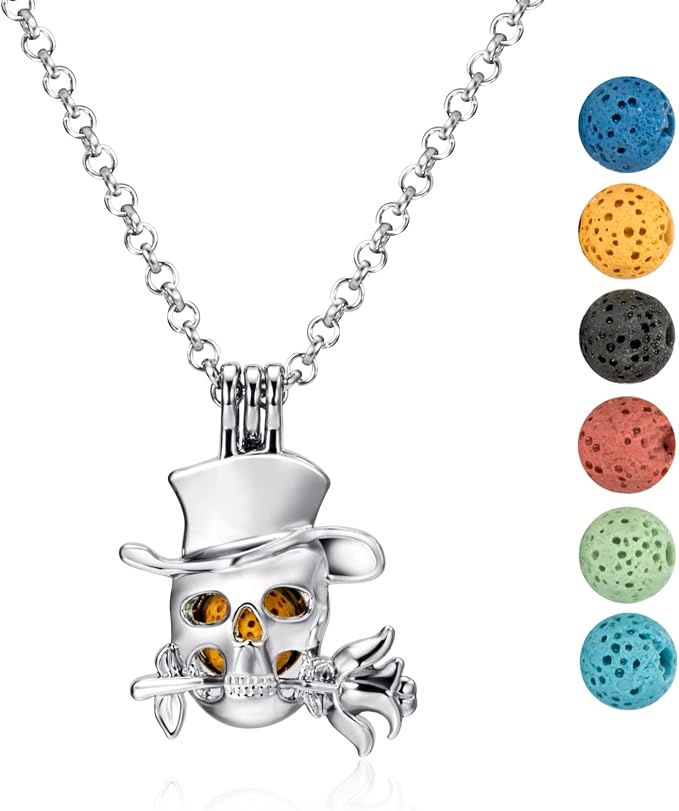 Wild Essentials Top-hat Skull Essential Oil Diffuser Necklace Gift Set with Inner Calm & Relax Oils – Nickel Free Alloy Pendant with 6 Lava Stones – USA Made Oils & Perfume Necklace – Family Company