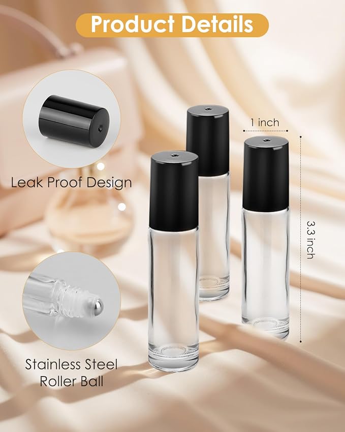 Worldgsb 12 Pack Essential Oil Roller Bottles, 10ml Refillable Clear Glass Roller Bottles with Stainless Steel Roller Balls and Caps for Travel, Perfume and Lip Gloss