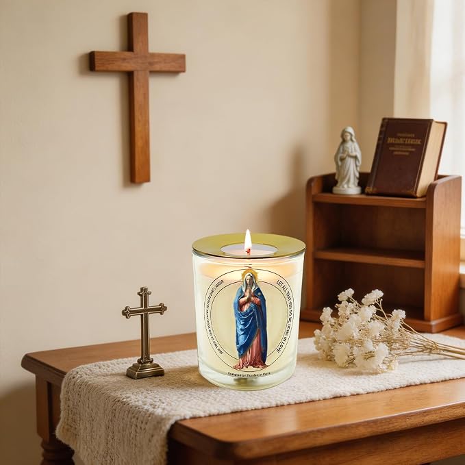 Mother Virgin Mary Rose Scented Candle 50 Hours with Warmer Ring│Natural Soy Wax│Family Protection, Guidance, Miraculous Blessing, Eternal Love, Grief Comfort│Design in Paris│3“×3.6”