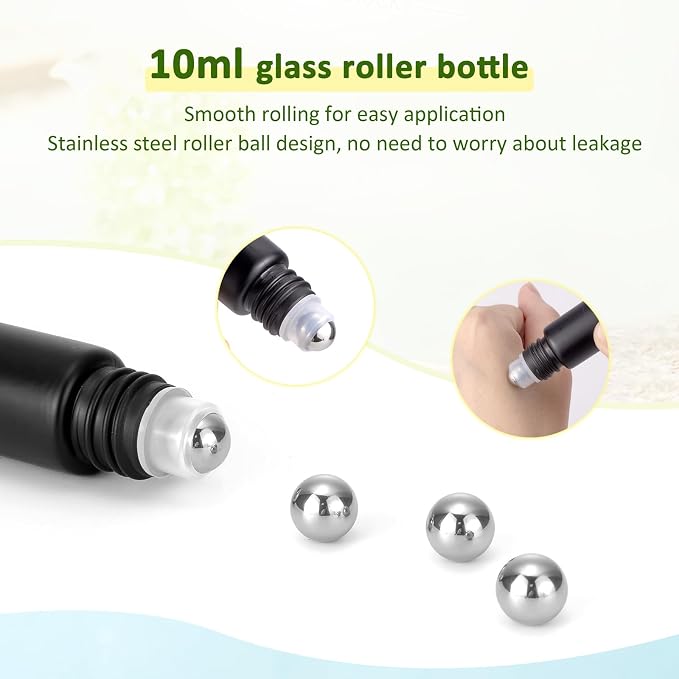 Glass Roller on Bottle, 10ml Refillable Essential Oil Bottle with Stianless Steel Ball, Pack of 10 (Black)