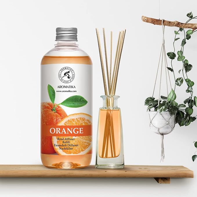 AROMATIKA Orange Reed Diffuser Refill 17 Fl Oz (500ml) - Room Fragrance Diffuser with Natural Essential Orange Oil - Best for Aromatherapy - Home - Kitchen - Office
