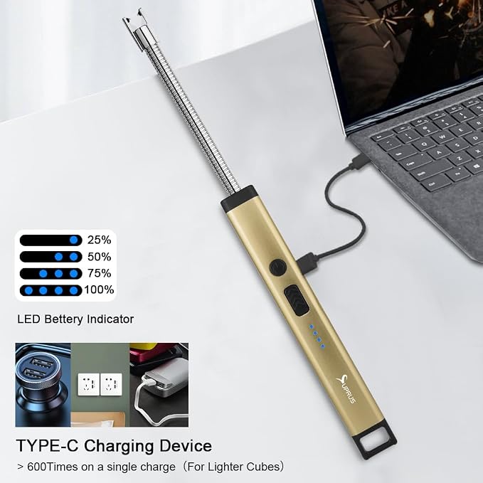 SUPRUS Rechargeable Candle Lighter Electric Arc Triple Safety Long Lighter Stainless Steel Shell & Hanging Hook (Champagne Gold)