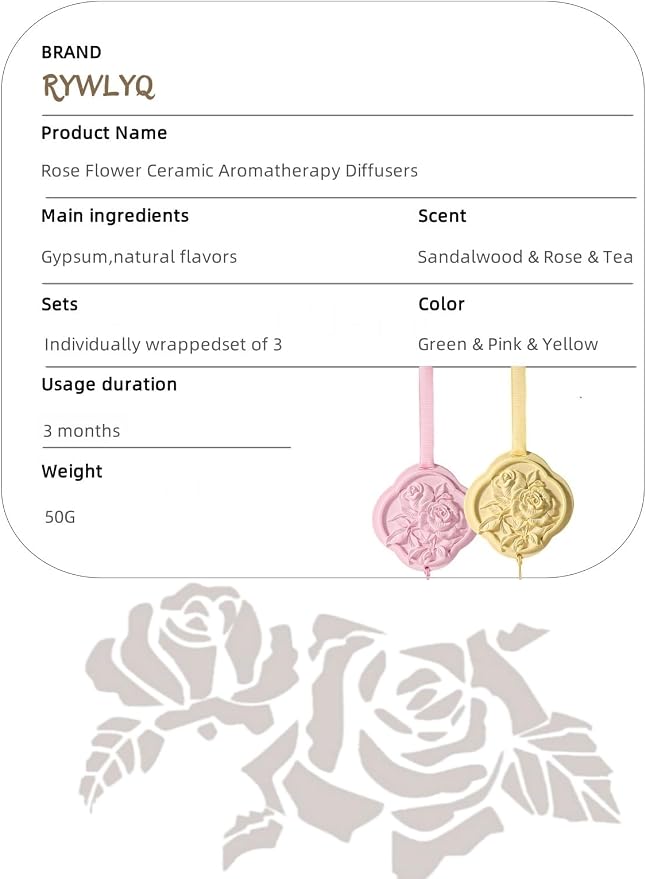 Ceramic Essential Oil Diffusers，Air Freshener，3Pcs Rose Flower Ceramic Aromatherapy Diffusers for Bedroom, Wardrobes， Toilet， Cars Etc.Visual and Olfactory Double Enjoyment（Sandalwood+Rose+Tea）