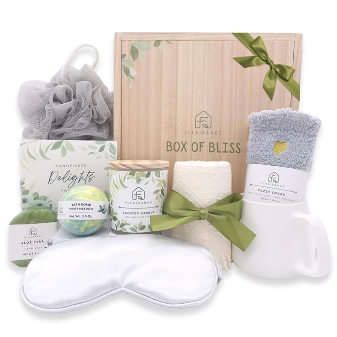 Birthday Gifts for Woman, Get Well Soon Gift Baskets for Women, Relaxing gifts for Women, Self Care Gifts, Spa kit for Woman, Wooden Box, Green Gifts for Wife, Girlfriend