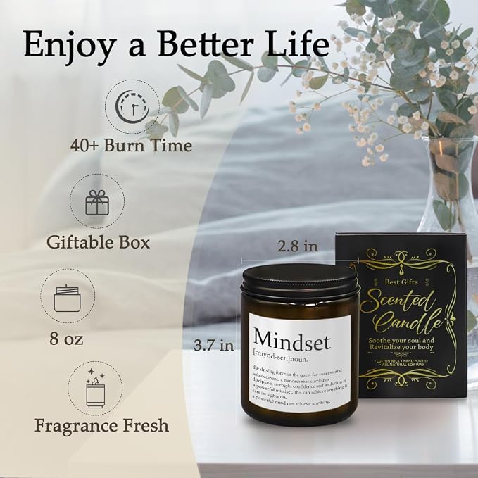 Mindset Definition Inspirational Gifts,Gifts for Employees,Boss Gifts,Christmas Birthday Gifts for Coworker,Motivational Gifts for Friend,Cedar Fragrance Scented Candles,8 oz