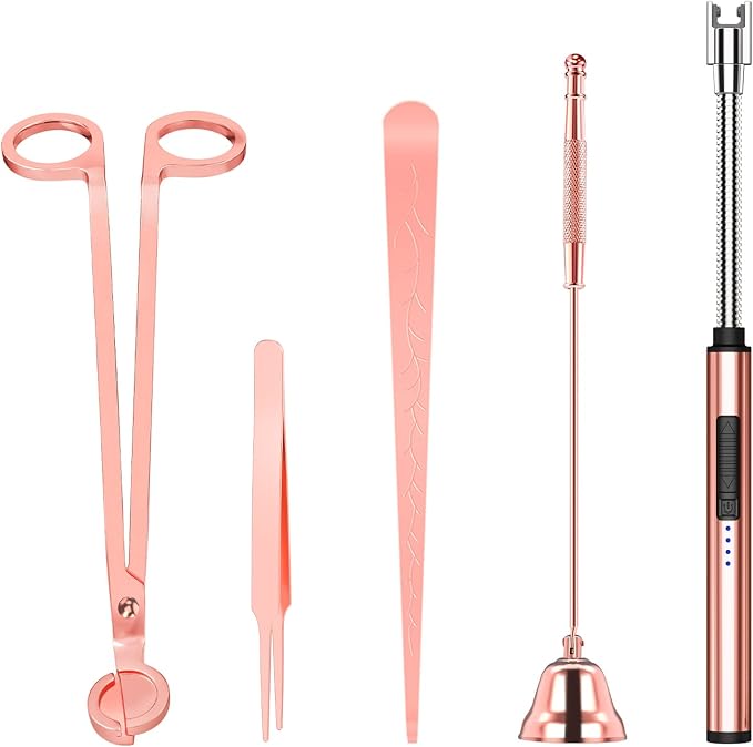 5 in 1 Candle Accessory Set,Candle Wick Trimmer Cutter Set,Candle Wick Dipper,Candle Wick Snuffer,Rechargeable Candle Lighter,Tweezers,Stainless Steel Candle Care Kit Gift for Aromatherapy