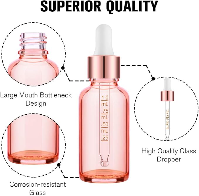 PrettyCare Glass Eye Dropper Bottles 24 Pack, 1oz (30ml) Rose Empty Thick Bottles Bulk with Leakproof Caps - With Labels & Funnels for Storage, Travel, Essential Oils, Cuticle Oils, Tinctures